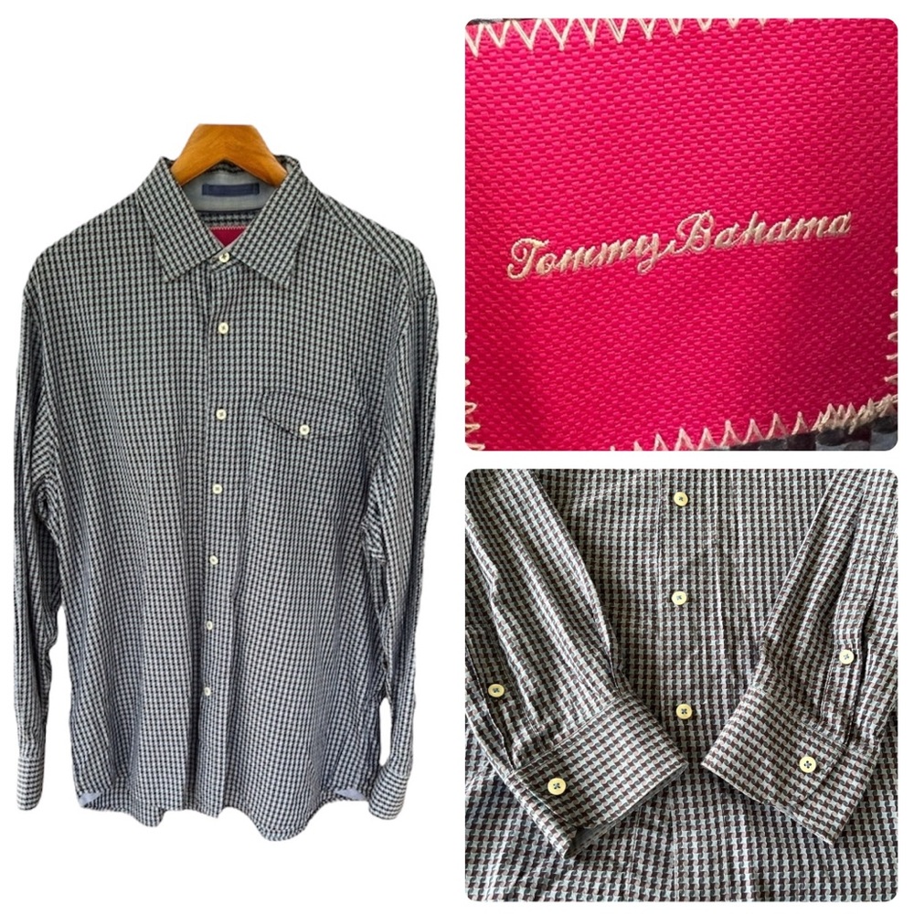 Tommy Bahama Men’s Long Sleeve Blue Checker Geometric Button Down Cotton Shirt L